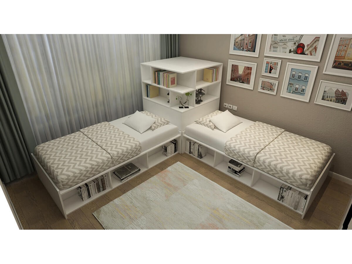 Booth Twin Corner Bed And Storage Hutch Set, 2 Twin Beds With Corner Unit