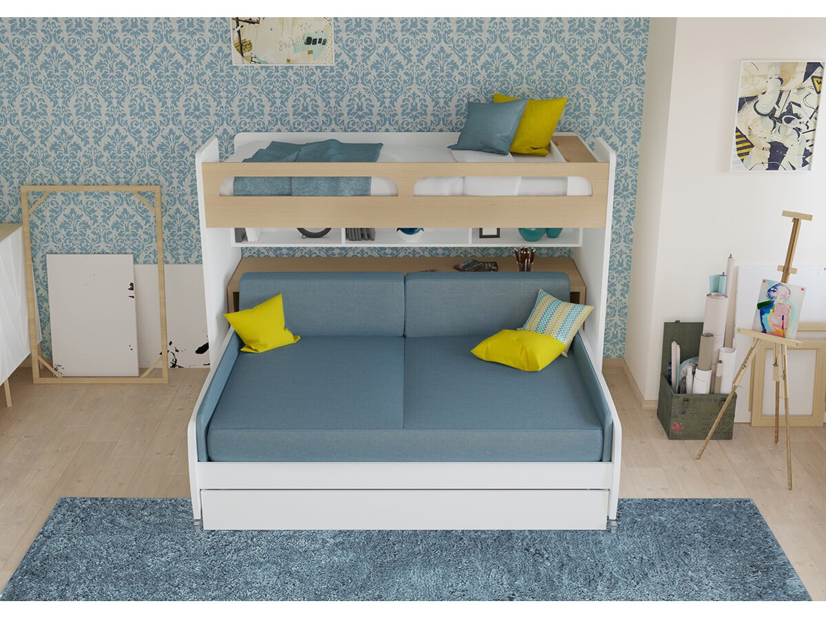 Twin Bunk Bed Over Full Xl Sofa Bed Desk And Trundle Bel Mondo Xl