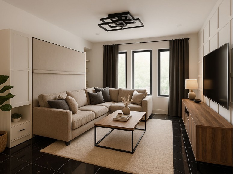 Long Island-themed room featuring the Royal King Murphy Bed bed with sectional sofa and bookcase.