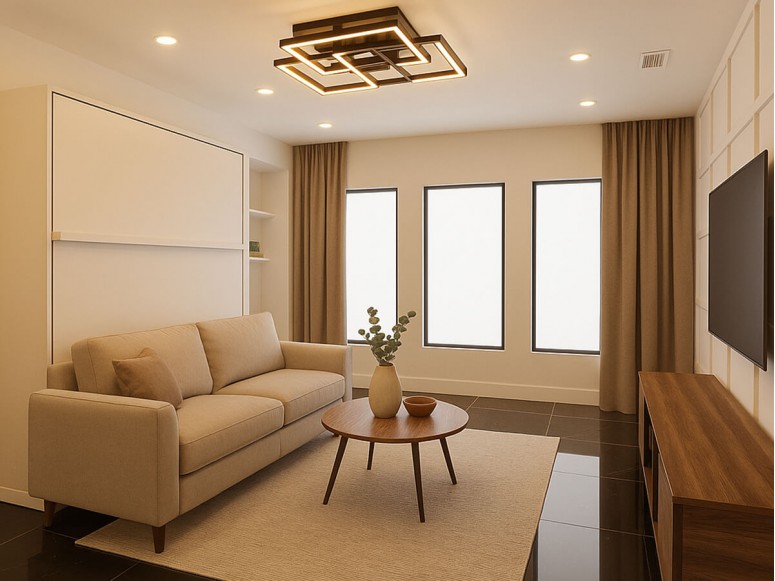 Manhattan-style design showcasing the Royal King Murphy Bed bed with furniture set.