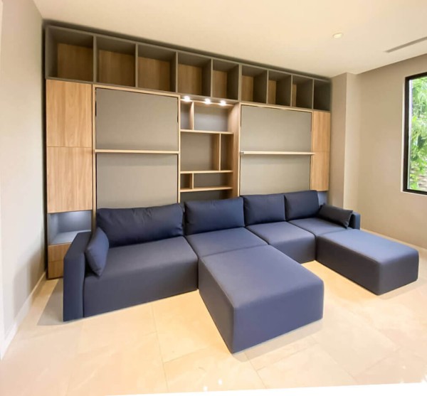 ROYAL Queen Wall Bed with Sectional Sofa and Bookcase Set