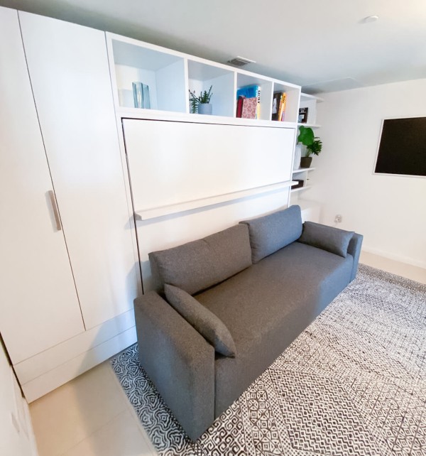 Royal Horizontal Queen Wall Bed with Sectional Sofa and Bookcase Set