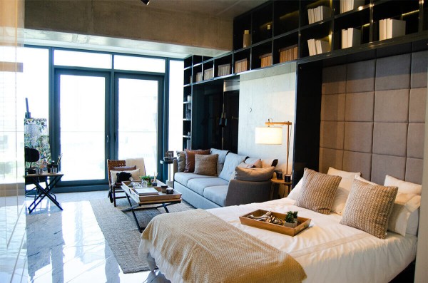 ROYAL Queen Wall Bed with Sectional Sofa and Bookcase Set