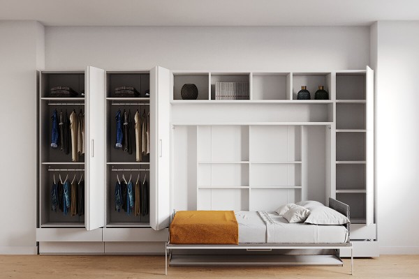 Double Fold Queen Murphy Wall Bed with Wardrobe and Bookcase 7