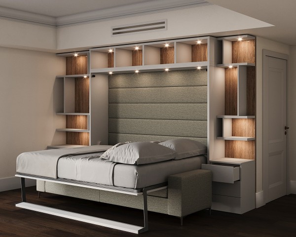 Royal Horizontal Queen Wall Bed with Sectional Sofa and Bookcase 10