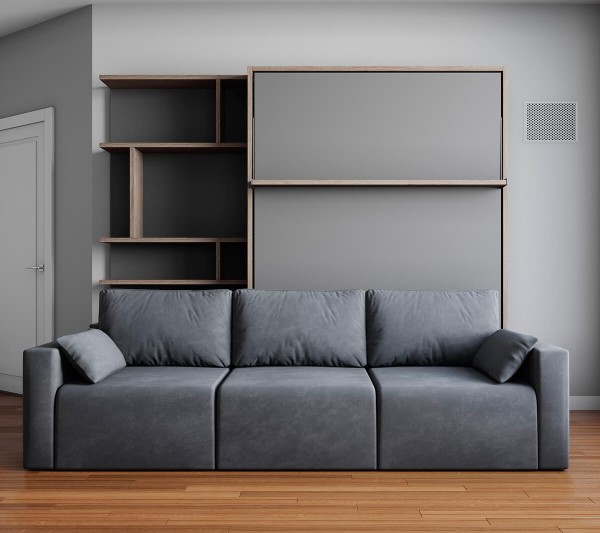 ROYAL Queen Wall Bed with Sectional Sofa and Bookcase Set