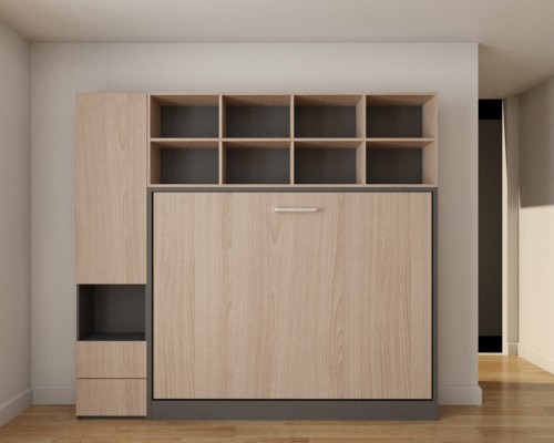 Light Wood Double Fold Queen Murphy Wall Bed