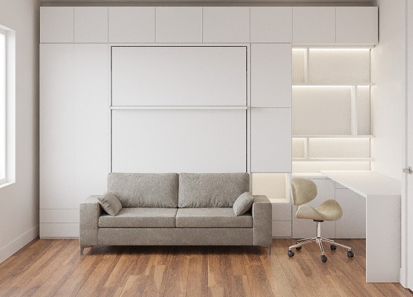 ROYAL Queen Wall Bed with Sectional Sofa, Wardrobe and Bookcase Set