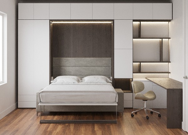 Royal Queen Wall Bed with Sectional Sofa Wardrobe and Bookcase Set 107