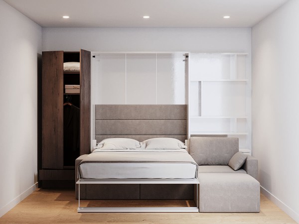 Royal Queen Wall Bed with Sectional Sofa Wardrobe and Bookcase Set 214