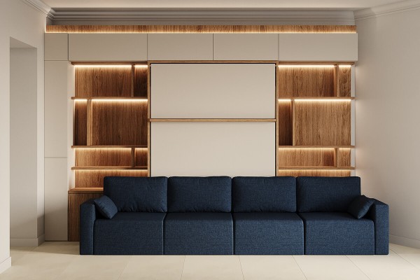 ROYAL Queen Wall Bed with Sectional Sofa Bookcase and Wardrobe