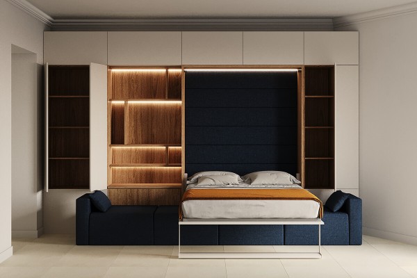 Royal Queen Wall Bed with Sectional Sofa Wardrobe and Bookcase Set 259