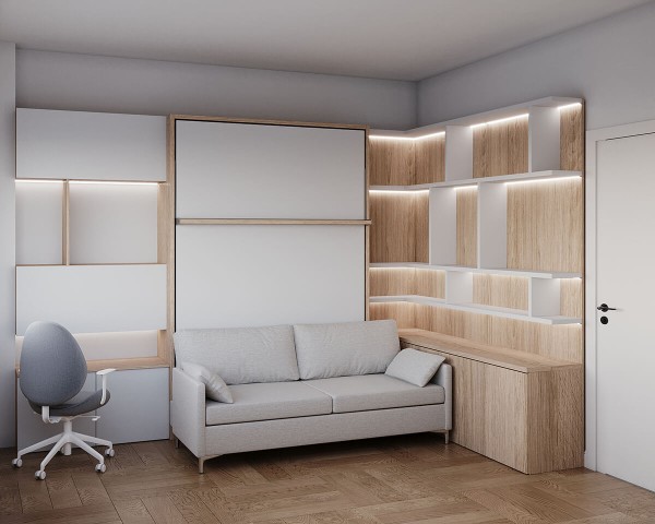 Royal Queen and Twin Wall Bed with Sectional Sofa Bookcase and Wardrobe