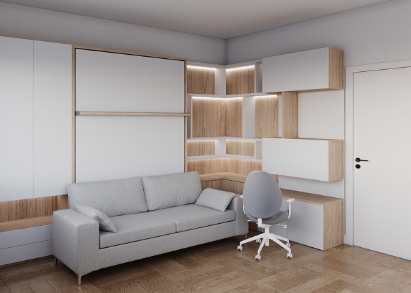 Royal Queen and Twin Wall Bed with Sectional Sofa Bookcase and Wardrobe