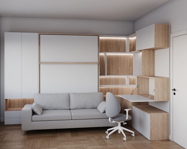 Royal Queen and Twin Wall Bed with Sectional Sofa Bookcase and Wardrobe