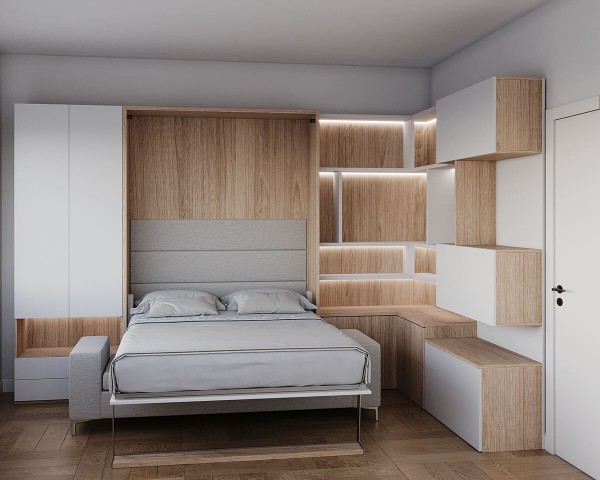 Royal Queen and Twin Wall Bed with Sectional Sofa Bookcase and Wardrobe