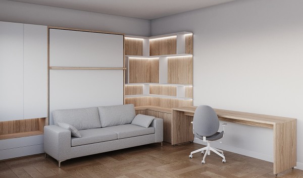 Royal Queen and Twin Wall Bed with Sectional Sofa Bookcase and Wardrobe