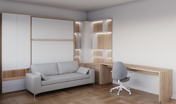 Royal Queen and Twin Wall Bed with Sectional Sofa Bookcase and Wardrobe
