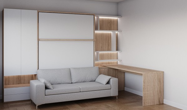 Royal Queen and Twin Wall Bed with Sectional Sofa Bookcase and Wardrobe