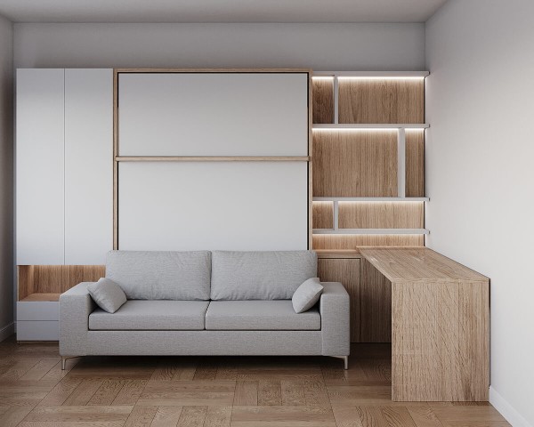Royal Queen and Twin Wall Bed with Sectional Sofa Bookcase and Wardrobe