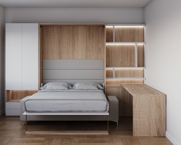 Royal Queen and Twin Wall Bed with Sectional Sofa Bookcase and Wardrobe