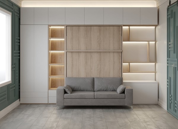 Royal Queen Wall Bed with Sectional Sofa Wardrobe and Bookcase Set 64