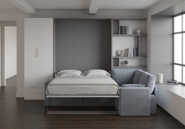 Royal Queen Wall Bed with Sectional Sofa Wardrobe and Bookcase Set 78