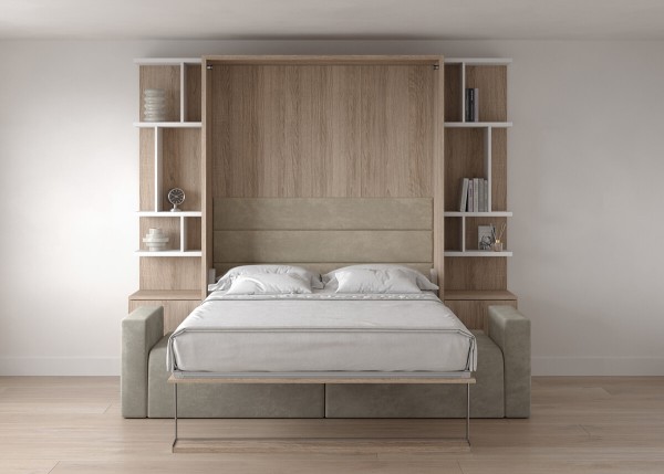 Royal Queen Wall Bed with Sectional Sofa and Bookcase Set 1