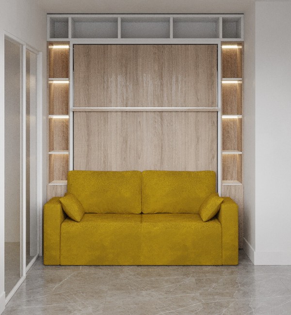 Royal Queen Wall Bed with Sectional Sofa and Bookcase Set 75