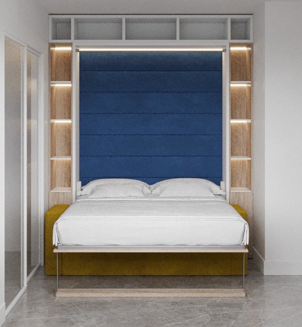 Royal Queen Wall Bed with Sectional Sofa and Bookcase Set 76