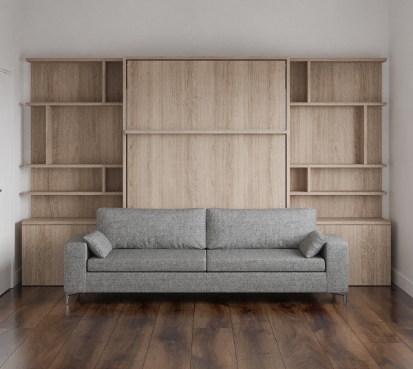 Royal Queen Wall Bed with Sectional Sofa and Bookcase Set 90