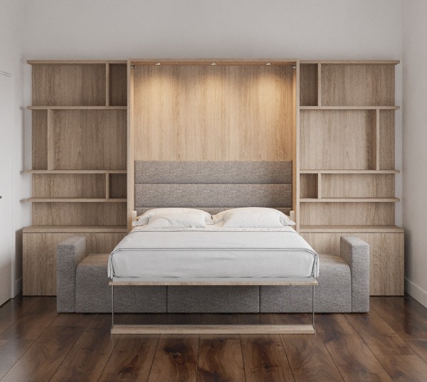 Royal Queen Wall Bed with Sectional Sofa and Bookcase Set 95