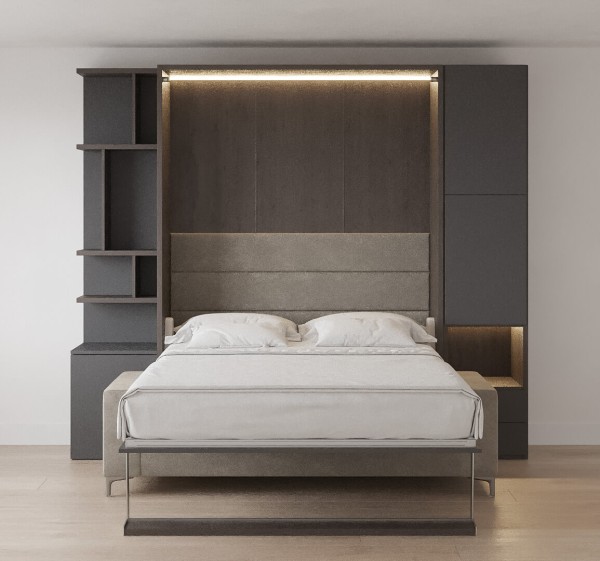 Royal Queen Wall Bed with Wardrobe Bookcases and Sectional Sofa 44