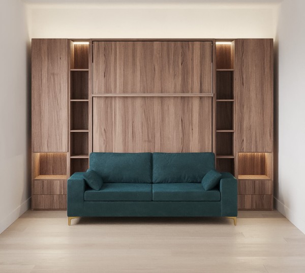 Royal Queen Wall Bed with Wardrobe Bookcases and Sectional Sofa 55