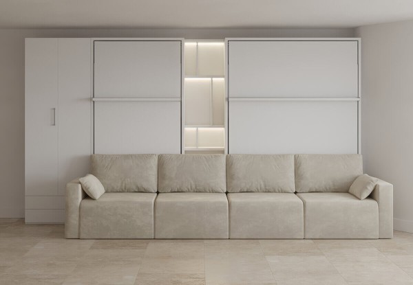 Royal Queen and Twin Wall Bed with Sectional Sofa Bookcase and Wardrobe