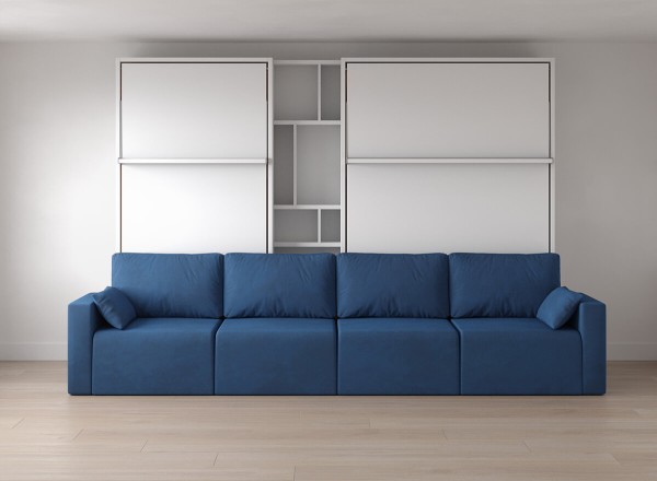 Royal Twin and Queen Wall Bed with Sectional Sofa and Bookcase