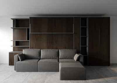 ROYAL Queen Wall Bed with Sectional Sofa and Bookcase Set