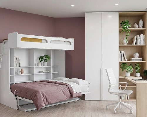 White Castello Twin Over Full Wall Bunk Bed With Desk