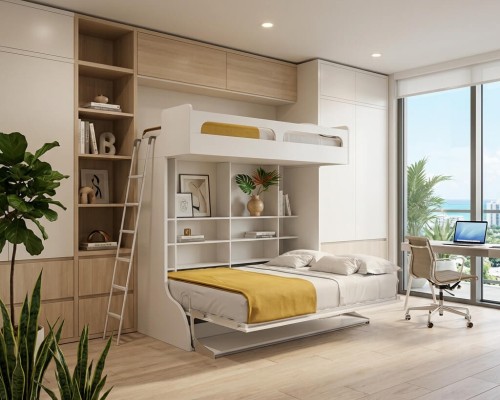 White Castello Twin Over Full Wall Bunk Bed With Desk