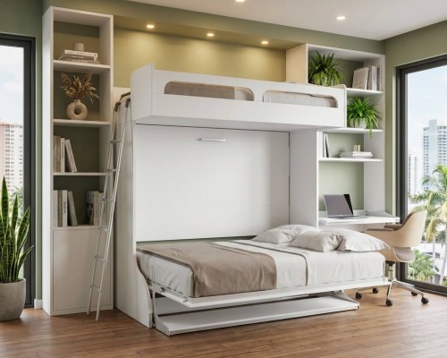 White Castello Twin Over Full Wall Bunk Bed With Desk