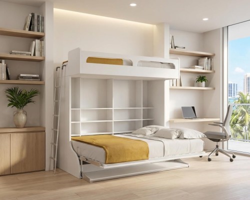 White Castello Twin Over Full Wall Bunk Bed With Desk