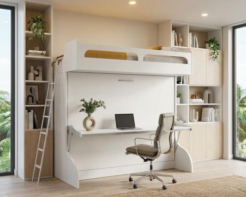 White Castello Twin Over Full Wall Bunk Bed With Desk