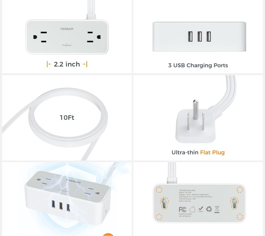 Ultra Thin Flat Plug Extension Cord 10 ft