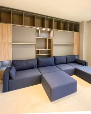 C - ROYAL Queen Wall Bed with Sectional Sofa and Bookcase Set