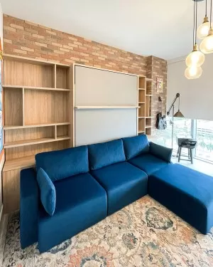 C - ROYAL Queen Wall Bed with Sectional Sofa and Bookcase Set