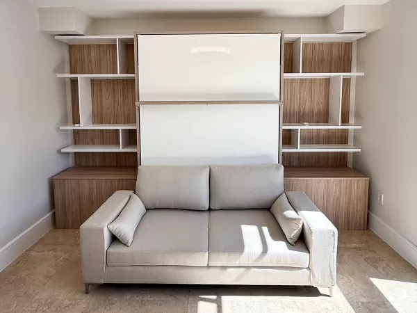 ROYAL Queen Wall Bed with Sectional Sofa and Bookcases