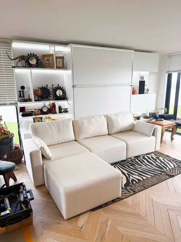 ROYAL Queen Wall Bed with Sectional Sofa and Bookcase Set