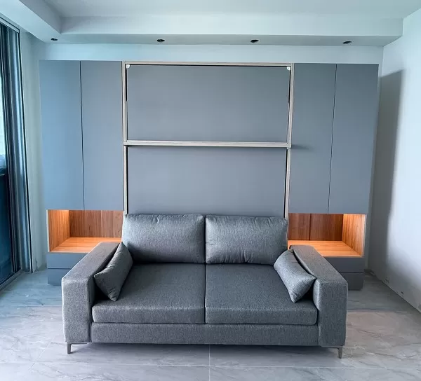 ROYAL Queen Wall Bed with Sectional Sofa and Wardrobes