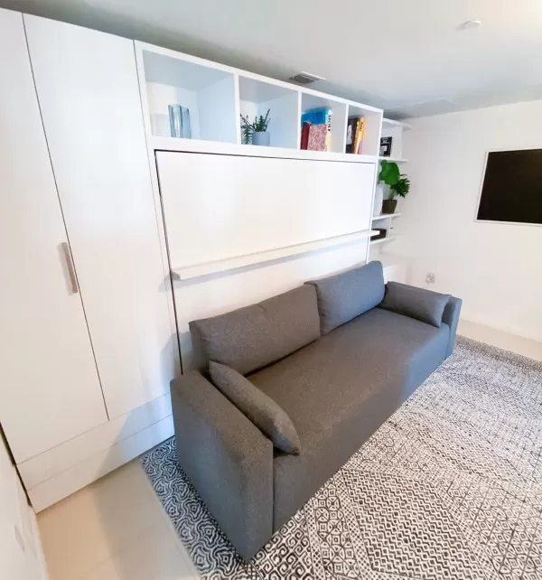 Royal Horizontal Queen Wall Bed with Sectional Sofa and Bookcase Set