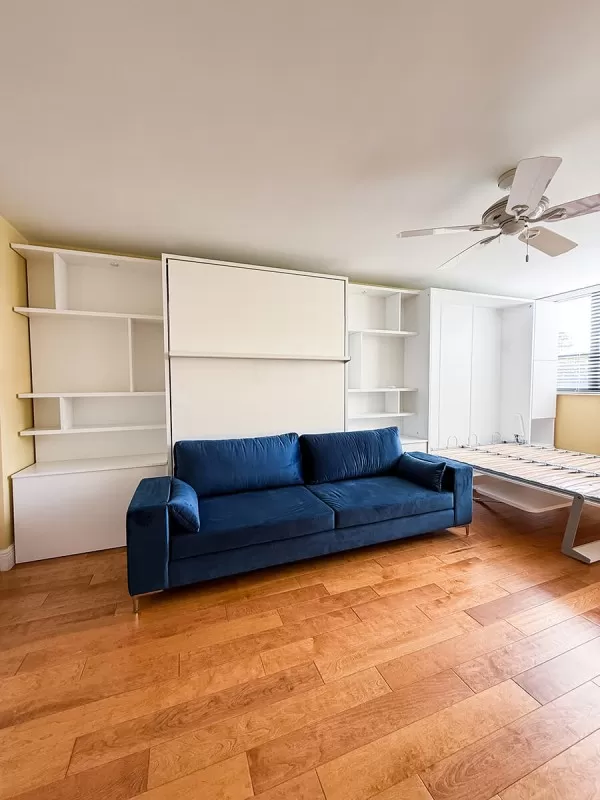 Royal Queen Wall Bed With Sectional Sofa Self Leveling Desk Wardrobes and Bookcase Set 1